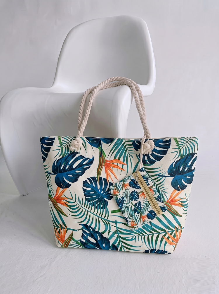 Plážová taška s tropickou potlačou listov – veľká letná kabelka zelená