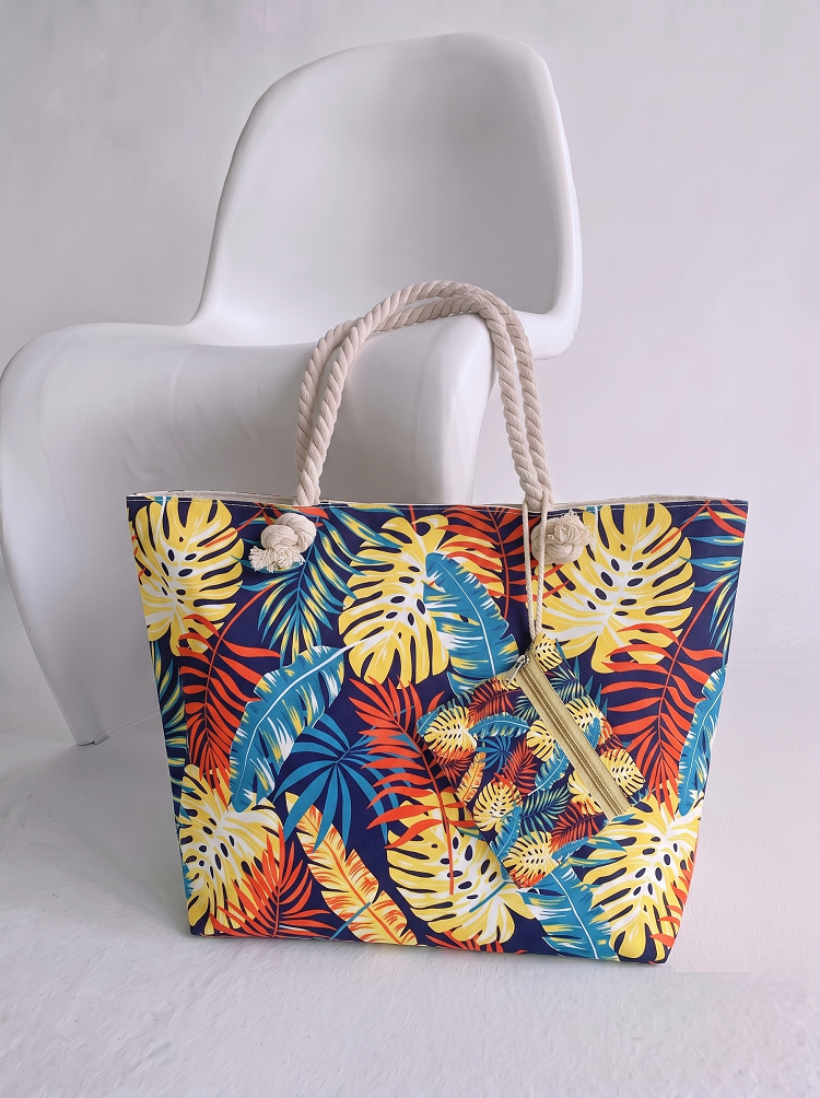 Plážová taška s tropickou potlačou listov – veľká letná kabelka multifarebná
